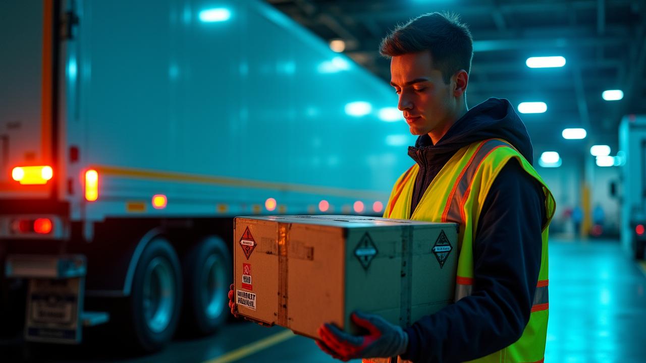 A professional logistics specialist in safety gear inspecting a crate with fragile markings near an AS Distribution Services truck