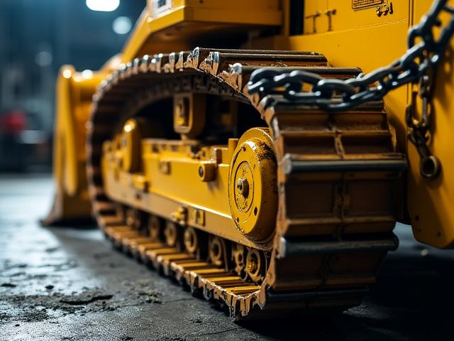 Large yellow bulldozer being loaded onto a step-deck trailer