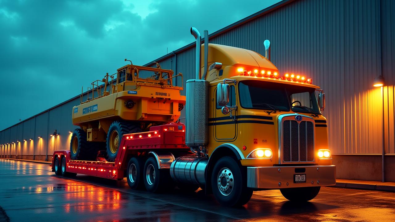 Heavy industrial excavator secured safely on a multi-axle lowboy trailer at a Columbus job site