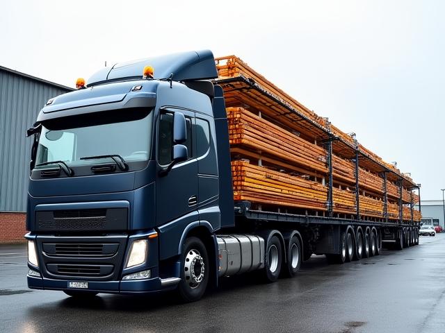 Standard flatbed trailer carrying structural steel
